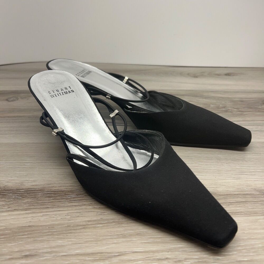 Stuart Weitzman Black Pointed Square Toe‎ Strappy Kitten Heels Womens Size 6.5 M